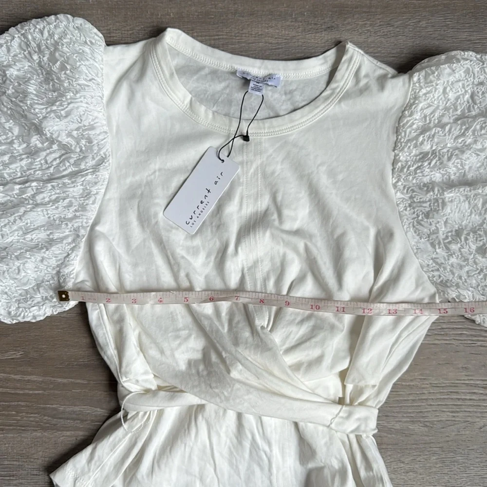 New Anthropologie current air contrast puff sleeves tie top white Medium